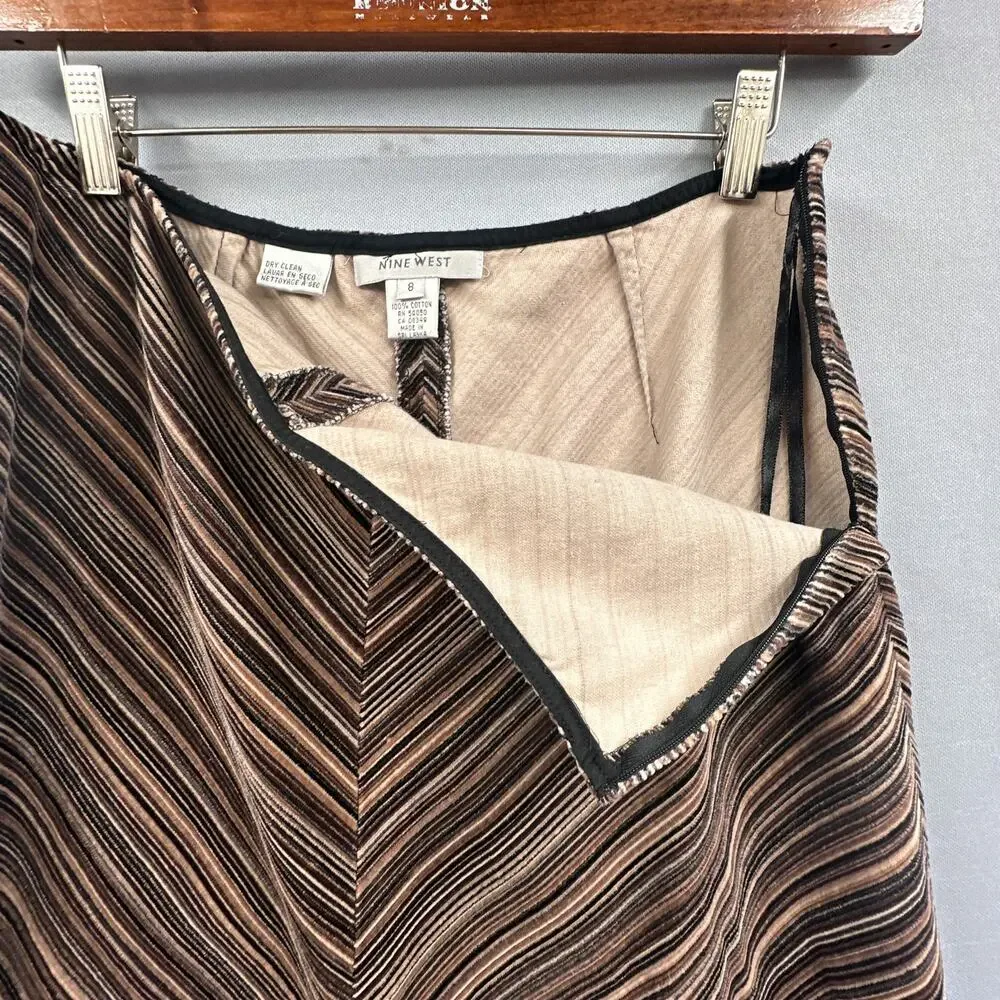 VTG Nine West Corduroy Skirt 8 Striped A-line Midi Brown boho Academia Hipster
